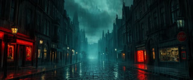 Urban gothic dark fantasy banner, rainy night cityscape with Victorian gothic architecture, glowing street lamps, misty cobblestone streets, subtle red neon signs reflection in puddles, dramatic shadows, moody and mysterious gaming atmosphere, empty center for text --ar 16:9
