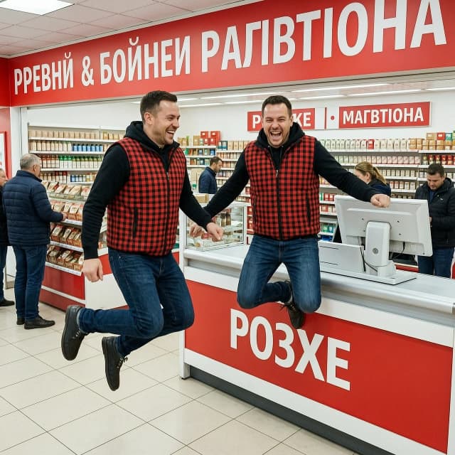Продавцы в жилетках красно-черная клетка прыгают на кассе магазина красное&белое