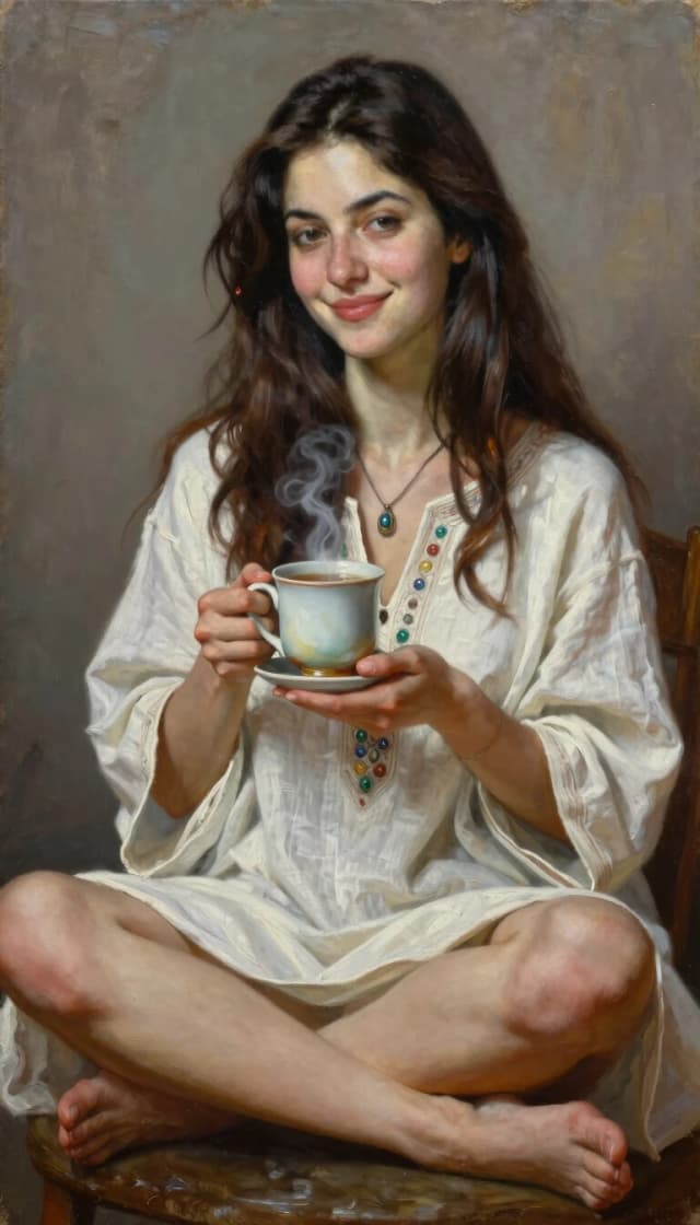 Oil painting, hyperrealism,full-length portrait, close-up, burning brunette beauty, modest smile,sitting with long hair, white linen tunic with ornaments, open shoulders, jewelry, full height, legs pumped, gently, holding a ceramic mug with steaming tea,face and figure detailing, high resolution 8K, style Alexander Maranov, Lee Bogle, David Downton Nikos Safronov.