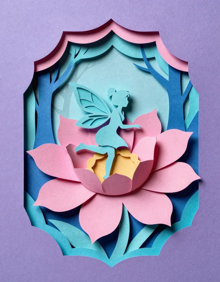 A masterpiece.  Image. Three-dimensional multi-layered paper cutting with the image of a fairy on a flower against a forest background, multi-layered paper work, bright palette of lilac, pink, turquoise and shades of blue, high detail, clear edges, clear paper textures, soft shadows between layers, volumetric composition, 3D depth, studio lighting, author's style, 8k resolution. High detail and clear texture. High quality. Increased attention to small details. The artist is Russ Mills.