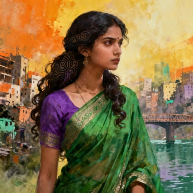 The image is a digital art piece that appears to be a portrait of a young woman. The woman is wearing a traditional Indian outfit with a green saree and a purple blouse. She has long dark hair that is styled in loose curls and is adorned with intricate patterns and designs. Her face is turned slightly to the side and she is looking off into the distance with a serious expression.

The background of the image is filled with various elements, including a cityscape with buildings, a bridge, and a body of water. The cityscape is made up of different colors and textures, creating a chaotic and chaotic atmosphere. The colors are mostly muted, with some hints of orange, yellow, and green, giving the image a dreamy and ethereal feel. The overall effect is one of mystery and intrigue.