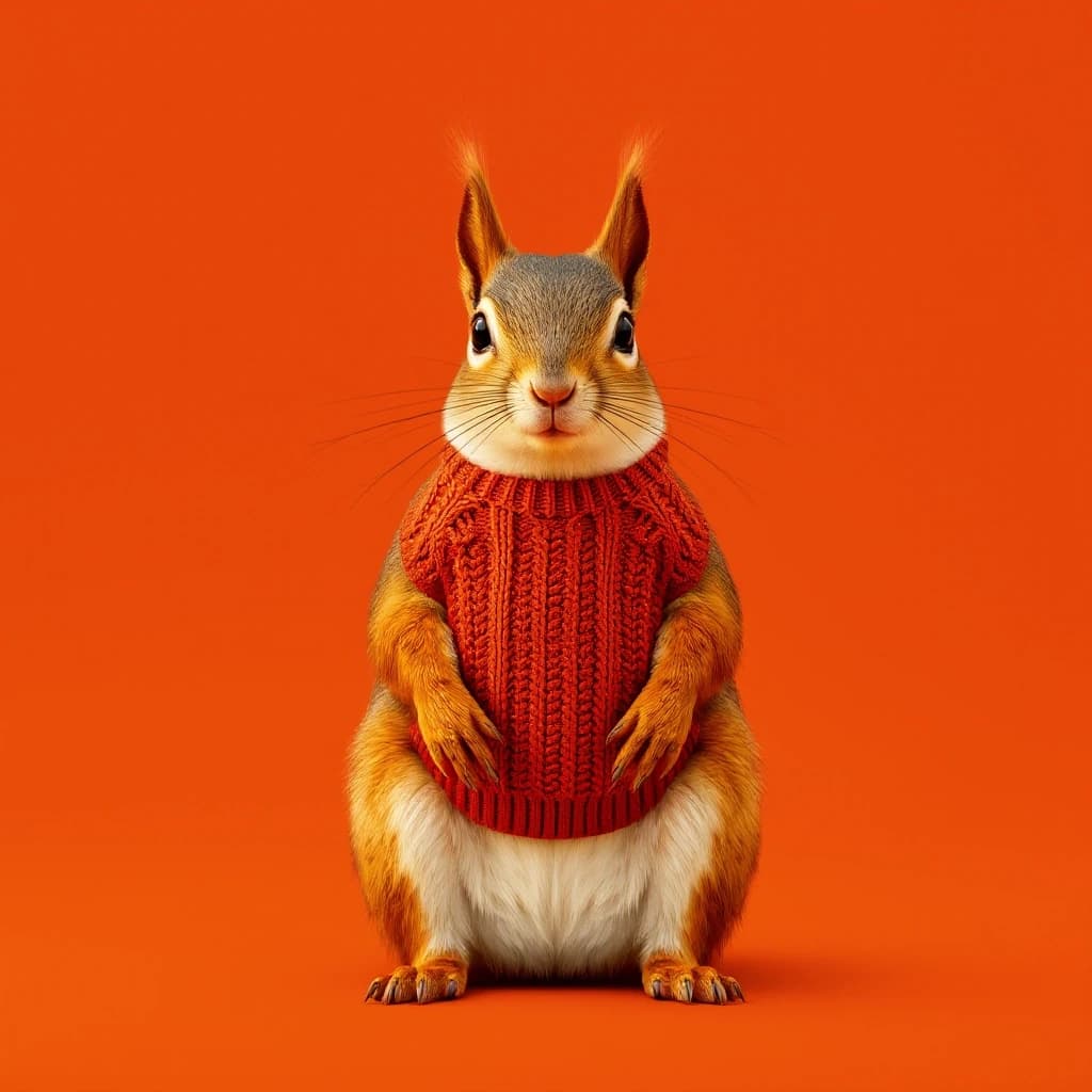 Draw a symmetrical frontal frame in the style of Wes Anderson for the A6 format. In the center is a full—length squirrel, it sits on its hind legs, and on its chest is a terracotta—colored knitted shirt front with a simple pattern. The background is matte terracotta, uniform. Palette: terracotta, red, beige, cream. The lighting is warm, like sunset, and the shadows are soft. High detail: fluffy tail, knitting loops, precise proportions of the squirrel. No labels. 8K, cinematic frame.