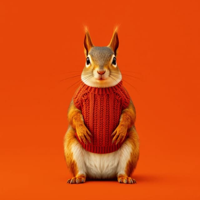 Draw a symmetrical frontal frame in the style of Wes Anderson for the A6 format. In the center is a full—length squirrel, it sits on its hind legs, and on its chest is a terracotta—colored knitted shirt front with a simple pattern. The background is matte terracotta, uniform. Palette: terracotta, red, beige, cream. The lighting is warm, like sunset, and the shadows are soft. High detail: fluffy tail, knitting loops, precise proportions of the squirrel. No labels. 8K, cinematic frame.