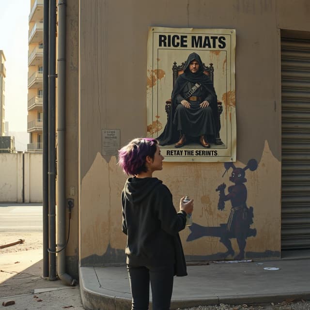 Cinematic sci-fi concept art. On a dusty concrete street corner of a Lothal city, a 16-year-old girl with bright purple hair and a black hoodie is standing next to a wall. On the wall is a large, heavily defaced futuristic propaganda poster: the central figure on the poster has been humorously repainted to look like a scruffy, ragged rat wearing a dark hooded robe on a throne. Standing a few steps away, Sabine Wren with her colorful hair is watching the girl with a wide, impressed and amused smile, holding a spray paint can. Gritty realistic style, weathered textures, dusty sunny daylight of Lothal, 1980s space adventure cinema aesthetic, high detail.