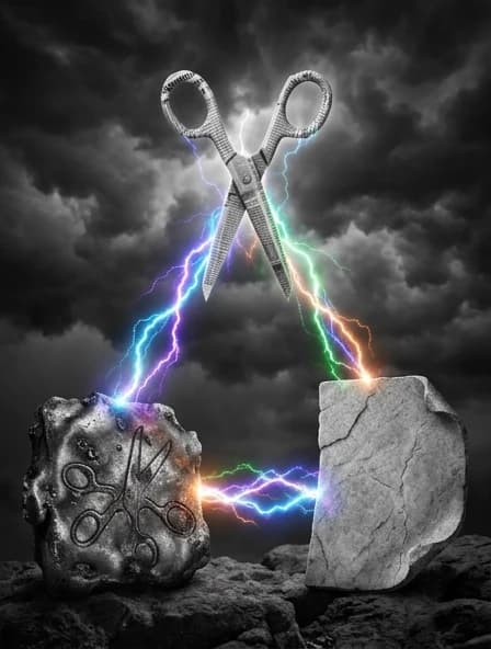 A cycle and transformation based on the game “Rock. Scissors. Paper.” The objects are arranged in a triangle. At the top are scissors made of paper; you can see printed newspaper text. At the bottom left is a lump of metal; engraved scissors are visible on it, as if several scissors had been melted and formed a lump. At the bottom right is a sheet of paper made of stone with a characteristic texture and a curved edge. All the objects are connected by powerful, energy‑based, neon, multicolored lines that resemble lightning bolts — shining and flickering. All the images are almost monochrome. Against the backdrop of a stormy sky filled with clouds, only the lightning and the powerful energy lines that connect the objects stand out in color, drawing the viewer’s attention to the moment of the materials’ transformation.transformation.