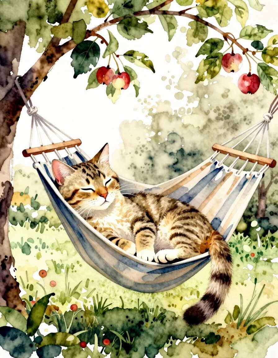 A masterpiece. Create an image. Watercolor painting style: ((Beautiful beige striped cat):1.6 dozing in a hammock under the apple trees in the garden):1.6, clear edges, clear textures, volumetric composition, studio lighting, author's style, 8k resolution. High detail and clear texture. Intense close-up. High quality. Increased attention to small details. The aspect ratio is 3:4.