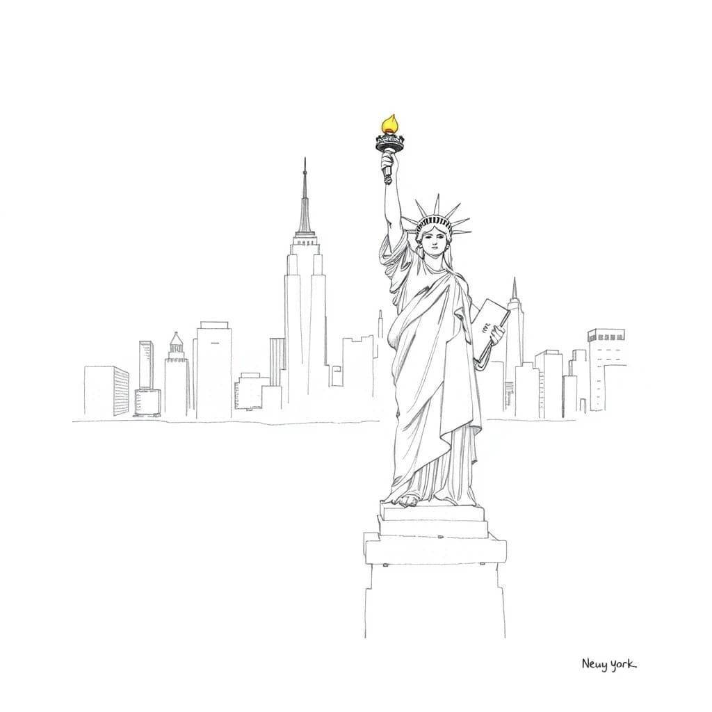 Statue of Liberty, New York in the background: simple pencil sketch, only lines and contours, white background, like in a children's book, monochrome.