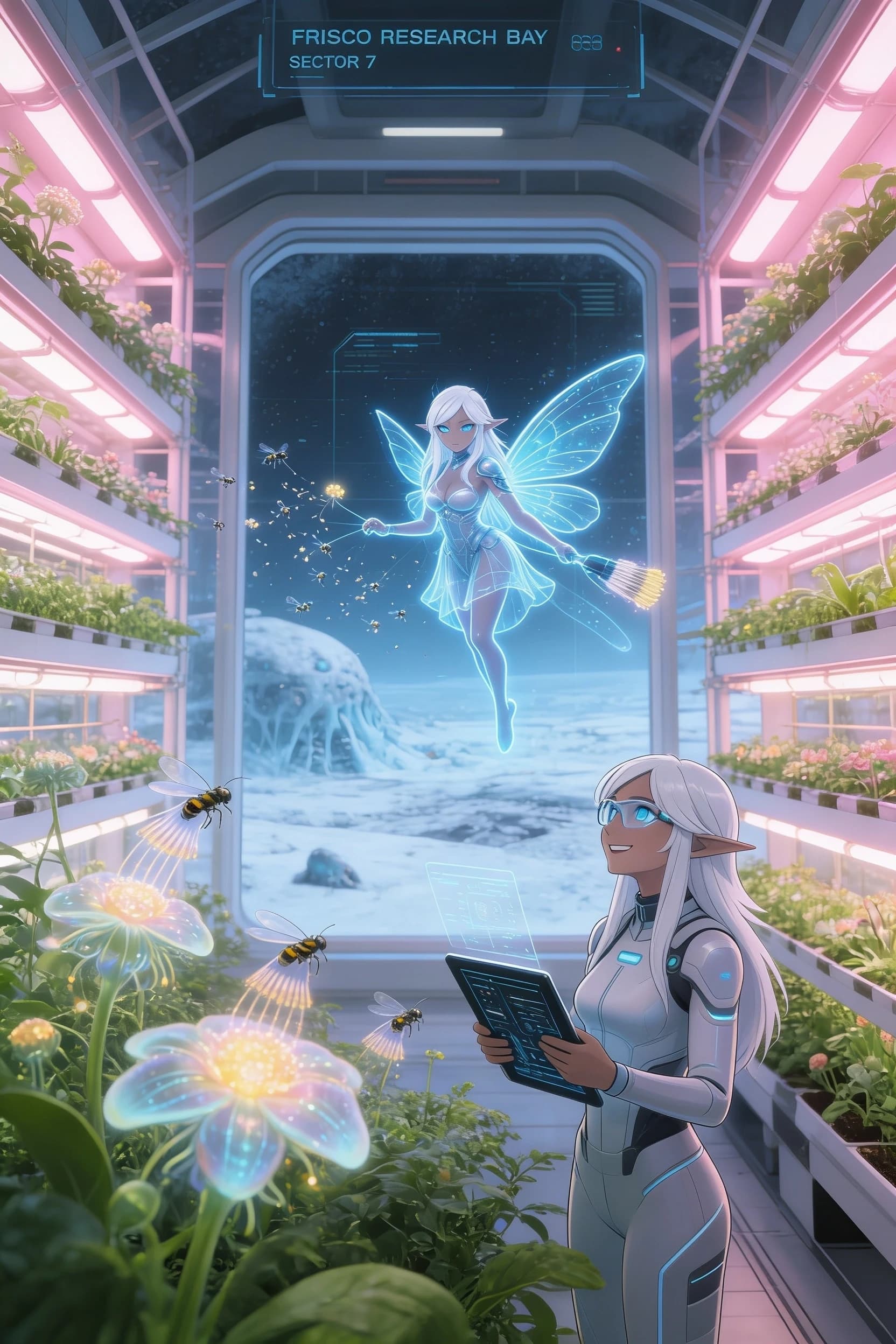 A detailed sci-fi concept art of a futuristic botanical greenhouse inside the Frisco Research Bay. Inside is a lush oasis with vertical hydroponic farms, glowing alien flowers, and dense green vegetation under soft pink and warm white grow lights. FRISCO's holographic AI avatar, a glowing blue digital fairy, hovers in the center. She controls a swarm of tiny pollinator drones the size of a human. The microdrones are equipped with precise electrostatic brushes that carefully collect and transfer glowing pollen from the flowers. Beside her, a female scientist in a lightweight tech suit and smart glasses holds a tablet with data, smiling and observing the process. In the background, a huge panoramic window offers a view of the frozen, snow-covered alien landscape outside. Cinematic lighting, intricate details, UI overlays, artbook style, high-tech sci-fi. --ar 4:3