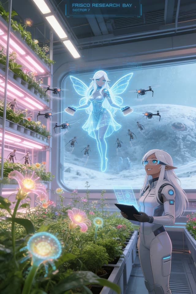 A detailed sci-fi concept art of a futuristic botanical greenhouse inside the Frisco Research Bay. Inside is a lush oasis with vertical hydroponic farms, glowing alien flowers, and dense green vegetation under soft pink and warm white grow lights. FRISCO's holographic AI avatar, a glowing blue digital fairy, hovers in the center. She controls a swarm of tiny pollinator drones the size of a human. The microdrones are equipped with precise electrostatic brushes that carefully collect and transfer glowing pollen from the flowers. Beside her, a female scientist in a lightweight tech suit and smart glasses holds a tablet with data, smiling and observing the process. In the background, a huge panoramic window offers a view of the frozen, snow-covered alien landscape outside. Cinematic lighting, intricate details, UI overlays, artbook style, high-tech sci-fi. --ar 4:3