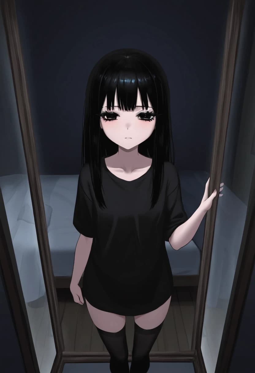 милая anime азиатка с большими черными милыми глупыми глазами черными длинными волосами с челкой и черными ресницами. темная комната и кровать. длинная черная однотонная футболка. черные чулки. худенькая низкорослая с плоской фигурой стоит у окна