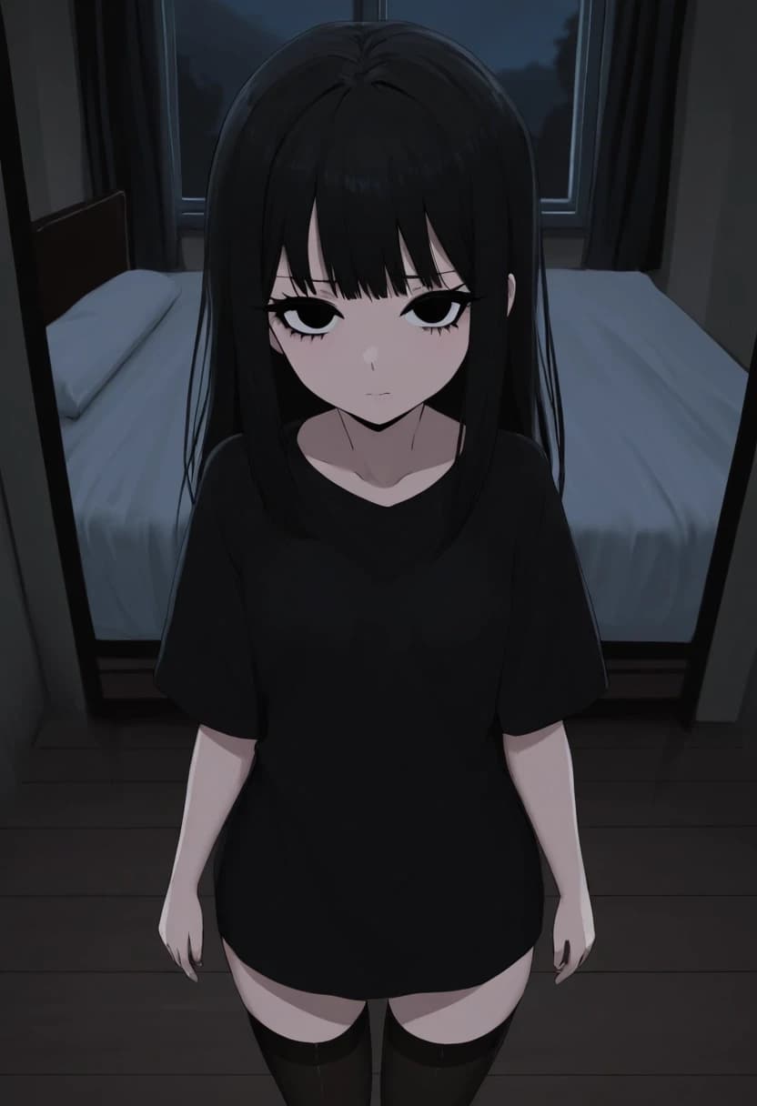милая anime азиатка с большими черными милыми глупыми глазами черными длинными волосами с челкой и черными ресницами. темная комната и кровать. длинная черная однотонная футболка. черные чулки. худенькая низкорослая с плоской фигурой стоит у окна