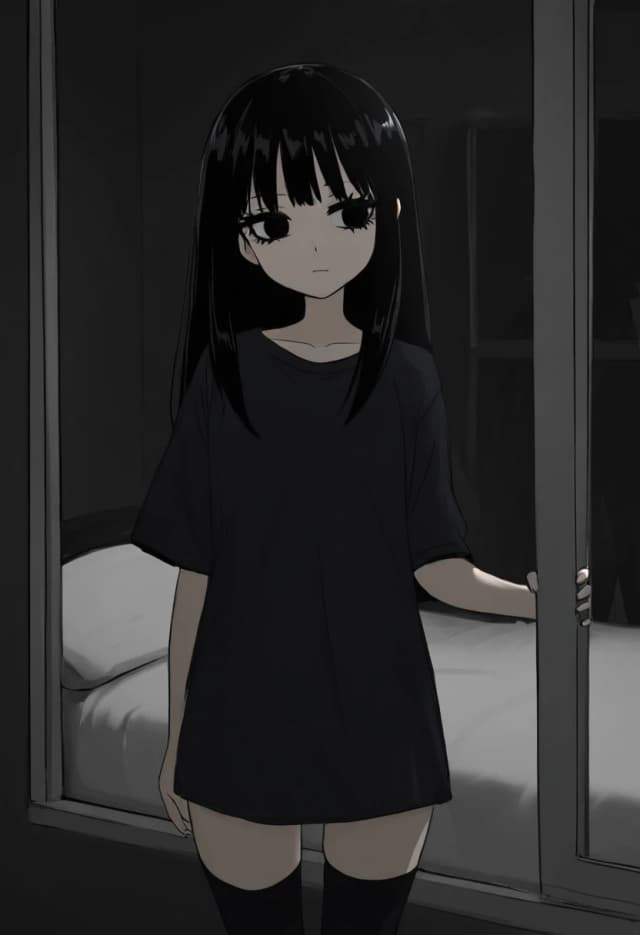 милая anime азиатка с большими черными милыми глупыми глазами черными длинными волосами с челкой и черными ресницами. темная комната и кровать. длинная черная однотонная футболка. черные чулки. худенькая низкорослая с плоской фигурой стоит у окна