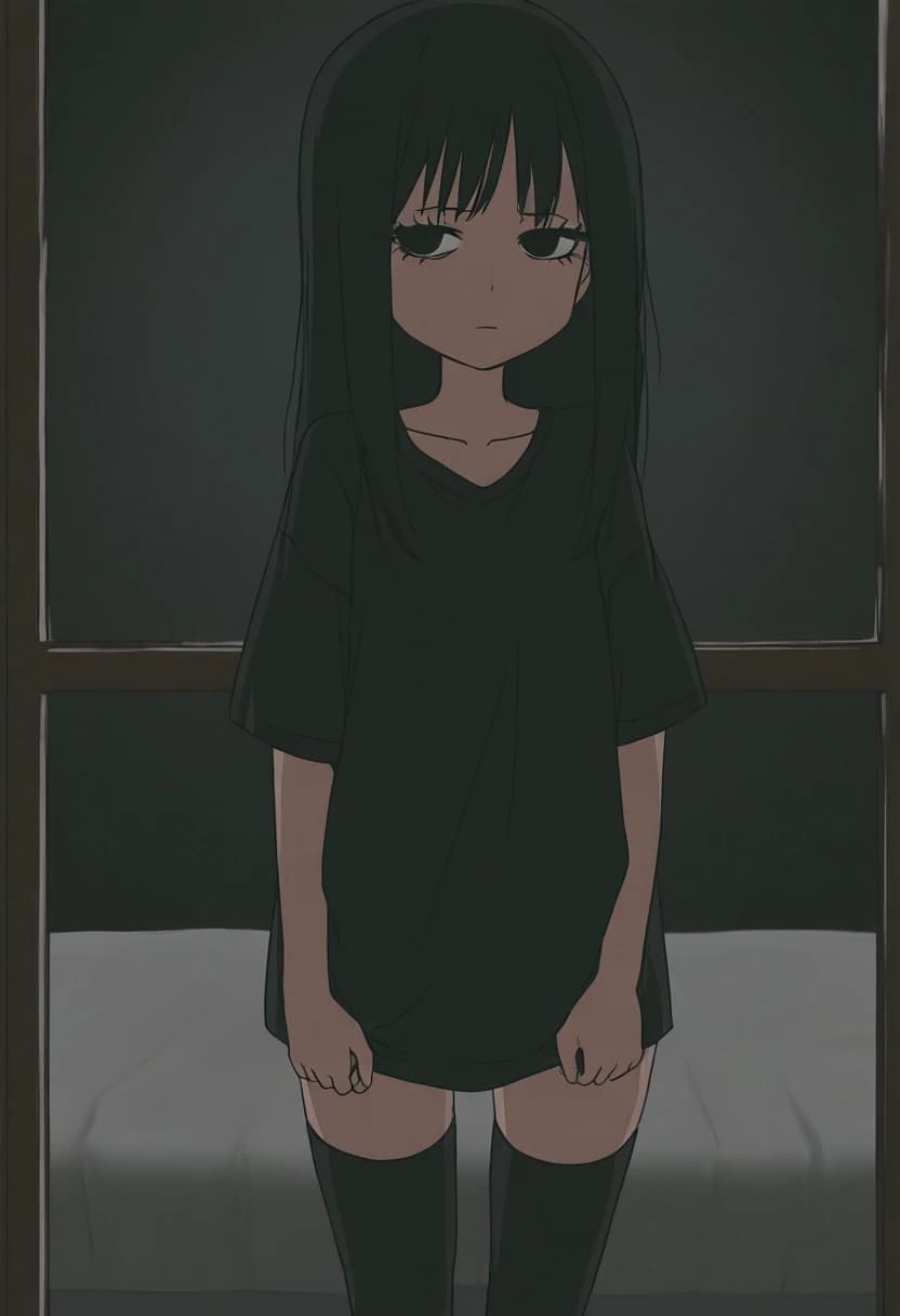 милая anime азиатка с большими черными милыми глупыми глазами черными длинными волосами с челкой и черными ресницами. темная комната и кровать. длинная черная однотонная футболка. черные чулки. худенькая низкорослая с плоской фигурой стоит у окна