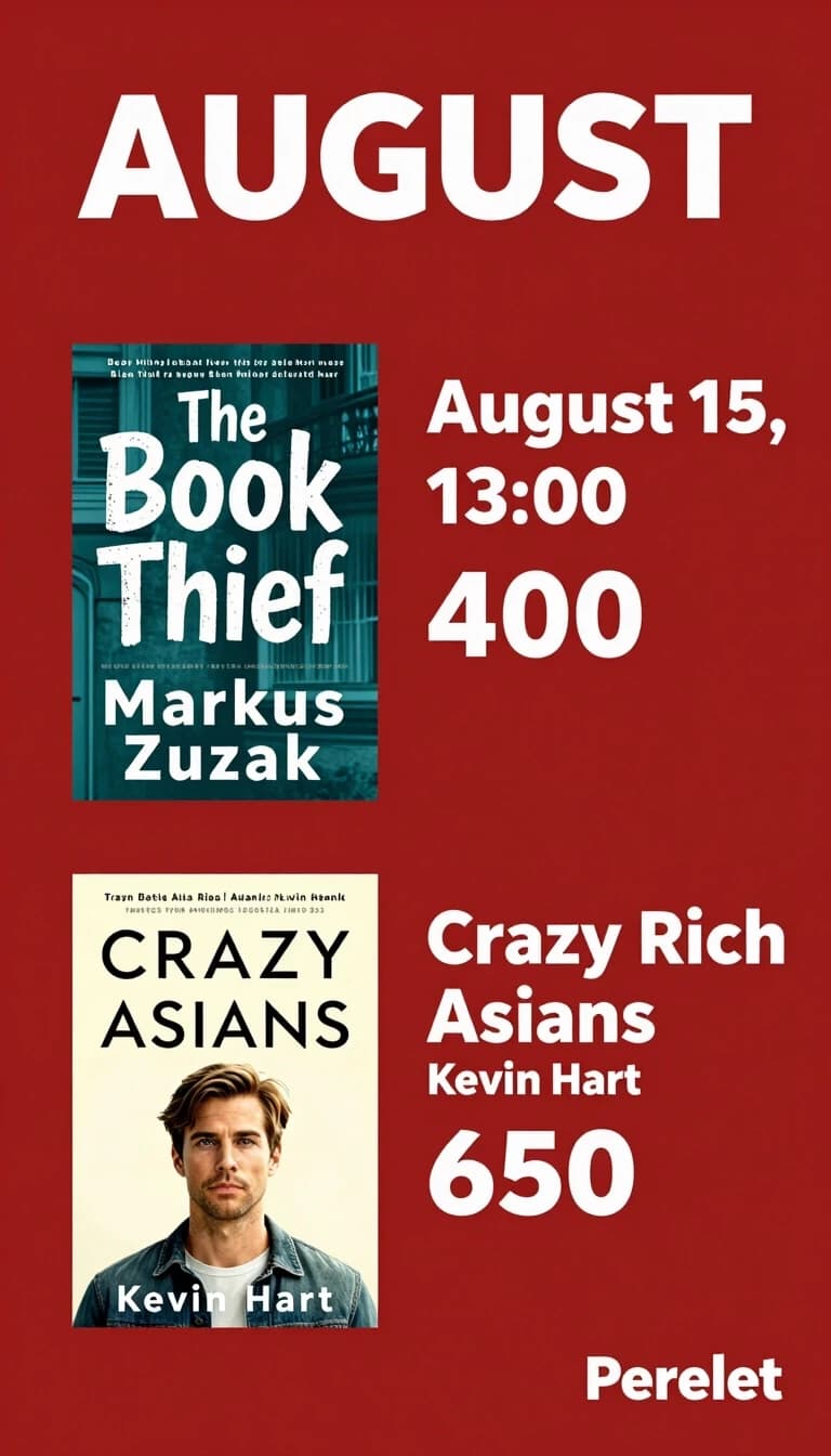 August Poster

August 15, 13:00, "The Book Thief" Markus Zusak, 400 rub.

August 29, 13:00 "Crazy Rich Asians" Kevin Hart, 650 rub.

Bottom right corner Book club "Pereplet"