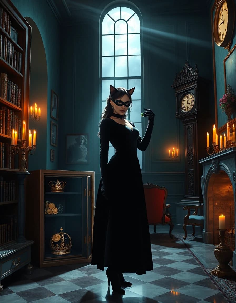 Selina Kyle stands inside a luxurious private library late at night. She has opened an antique safe hidden behind a bookshelf. Inside the safe are gold coins, precious gemstones and an ancient crown. Catwoman holds a magnificent emerald in one hand, examining it carefully. Behind her are towering bookshelves, an antique clock, a marble fireplace and burning candles. Moonlight enters through a tall window, creating a silver beam across the floor. Elegant atmosphere of a secret heist, intellectual intrigue and luxury. Photorealistic, cinematic staging, deep shadows, highly detailed, vertical composition.