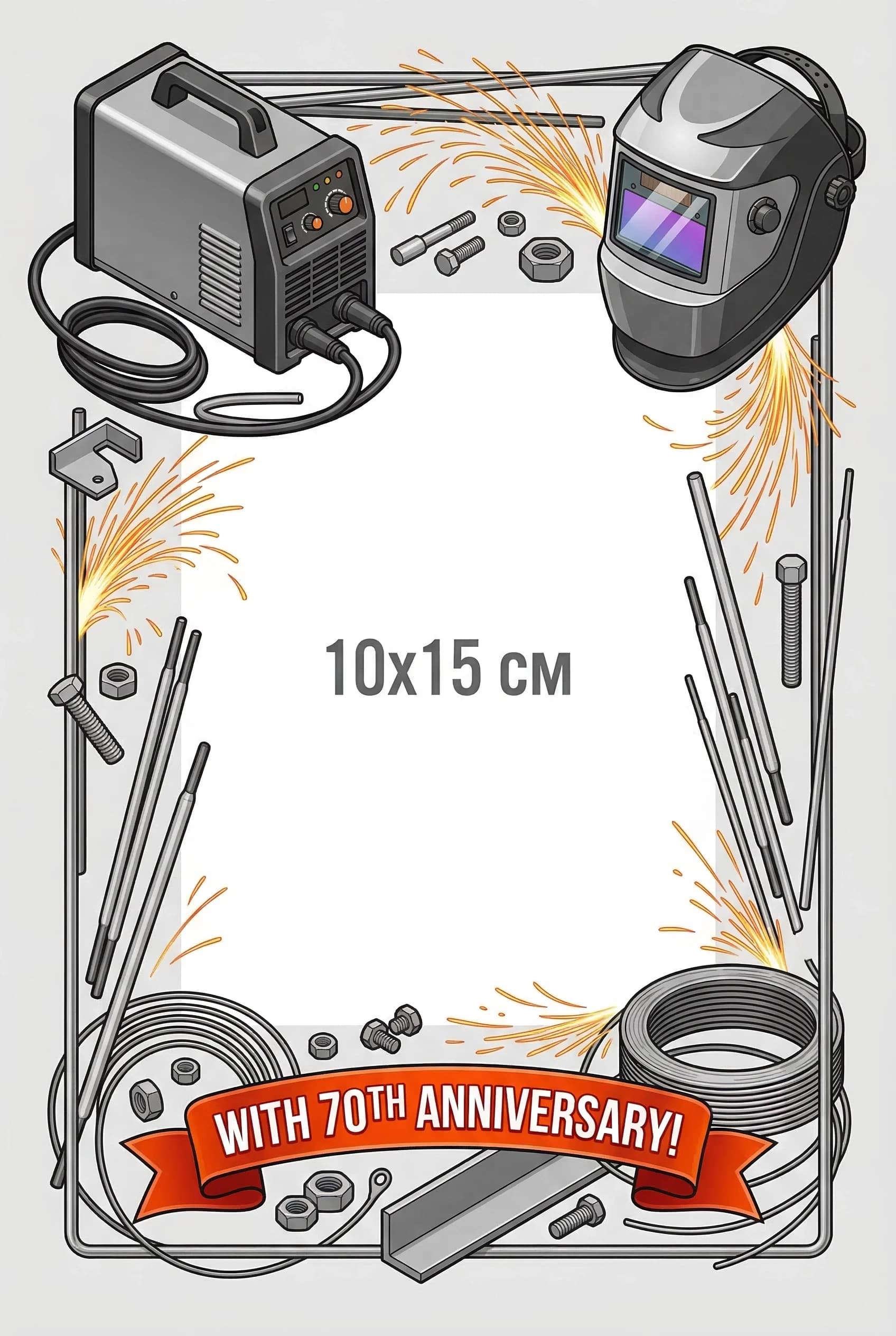 Create an A4-format illustration of a decorative congratulatory frame designed to hold a 10×15 cm photo in the center.
Layout:
* Top left corner: a detailed image of a compact welding machine (in a side view, showing the body, cable, and control panel).
* Top right corner: a close-up of a modern welder's protective mask (visor down, with a reflective surface).
* Frame border: intricately weave in thematic elements: bright sparks flying in arcs, several welding electrodes of different lengths, coiled welding wire, small metal parts (nuts, bolts, a piece of angle iron), and thin metal rods forming the frame's structure.
* Bottom center: place a festive congratulatory ribbon. On it, write the text "с 70‑летием!" in bold, clear capital letters.
Style: clean, modern industrial design with a touch of festivity. Use metallic grays, blacks, and silvers as the base, accented with bright orange and yellow sparks and a vibrant red ribbon. High detail, sharp focus, isometric view.