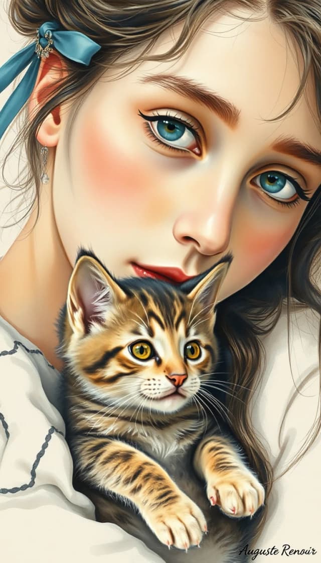 Watercolor painting is a true masterpiece of graphic style. ((Aesthetics: Cottage cor. An image of a beautiful sweet young woman with a fluffy kitten in her arms.)). Intense close-up. High resolution. High quality. Increased attention to small details. Hyperrealistic surrealist style, impressionism. Increased attention to the smallest details and texture. The author is Auguste Renoir.