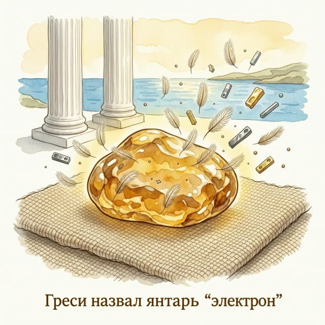 Нарисуй иллюстрацию в стиле доброй детской книги, акварельная техника, мягкие тёплые тона, без мрачных теней. В центре — крупный кусочек янтаря медово-золотого цвета, лежащий на грубой шерстяной ткани. Вокруг янтаря в воздухе парят лёгкие пушинки, некоторые из них прилипают к поверхности камня. Фон белый. На заднем плане — лёгкий античный пейзаж: белые колонны, синее море, ощущение солнечного дня. Добавь лёгкое золотистое сияние вокруг янтаря, чтобы показать невидимую силу. Крупная, понятная подпись внизу: «Греки назвали янтарь “электрон”». Композиция должна быть простой, чтобы её понял ребёнок 3–5 класса. Высокая детализация текстуры янтаря и пушинок. Это должно быть иллюстрация для книги. Наэлектризованный янтарь может притягивать лёгкие предметы (пылинки, нитки, кусочки бумаги, древесные стружки, а также металлические опилки — железные, серебряные, золотые) даже без прямого контакта — посредством электрического поля. Должно быть, понятно, что янтарь притягивает к себе, токопроводящие предметы.