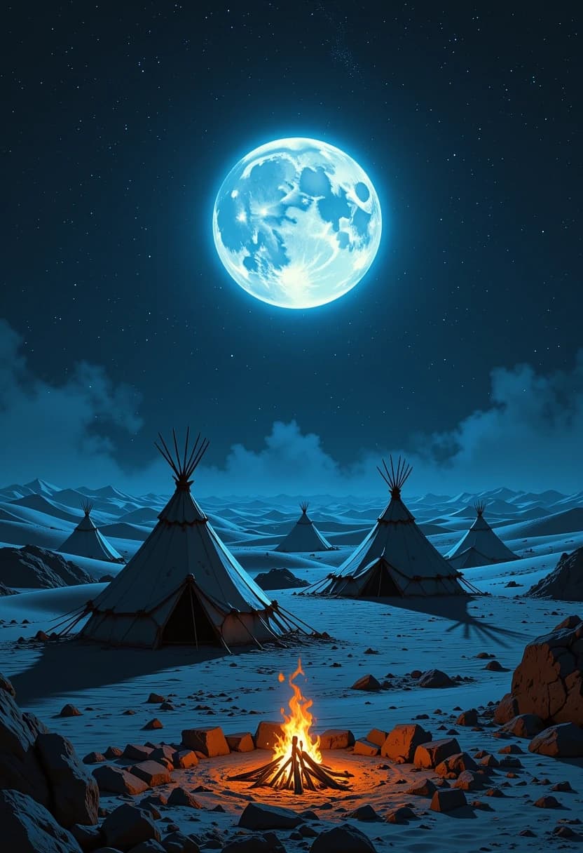 Cinematic wide shot of a vast, nocturnal desert landscape under a colossal, glowing full moon that dominates the starry night sky. In the far distance, a nomadic desert tribe's camp is nestled among rolling sand dunes, featuring primitive tents crafted from weathered animal hides. A warm, flickering bonfire glows intensely at the center of the camp, casting long, dancing shadows and a soft amber radiance against the cool blue moonlight. The atmosphere is serene and mystical, with fine details of swirling sand particles, heat haze from the fire, and a deep indigo celestial canopy. High-detail digital painting style, reminiscent of epic fantasy concept art, with dramatic chiaroscuro lighting, rich textures of leather and sand, and a sense of profound solitude and ancient wonder.