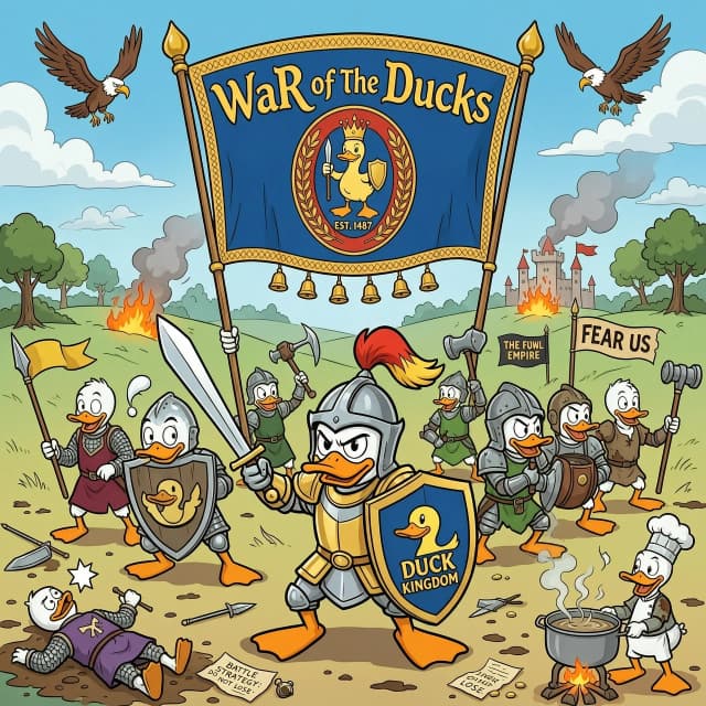 Мультяшные птицы утки , в стиле битвы средневековья с флагом WaR oF The DuCkS