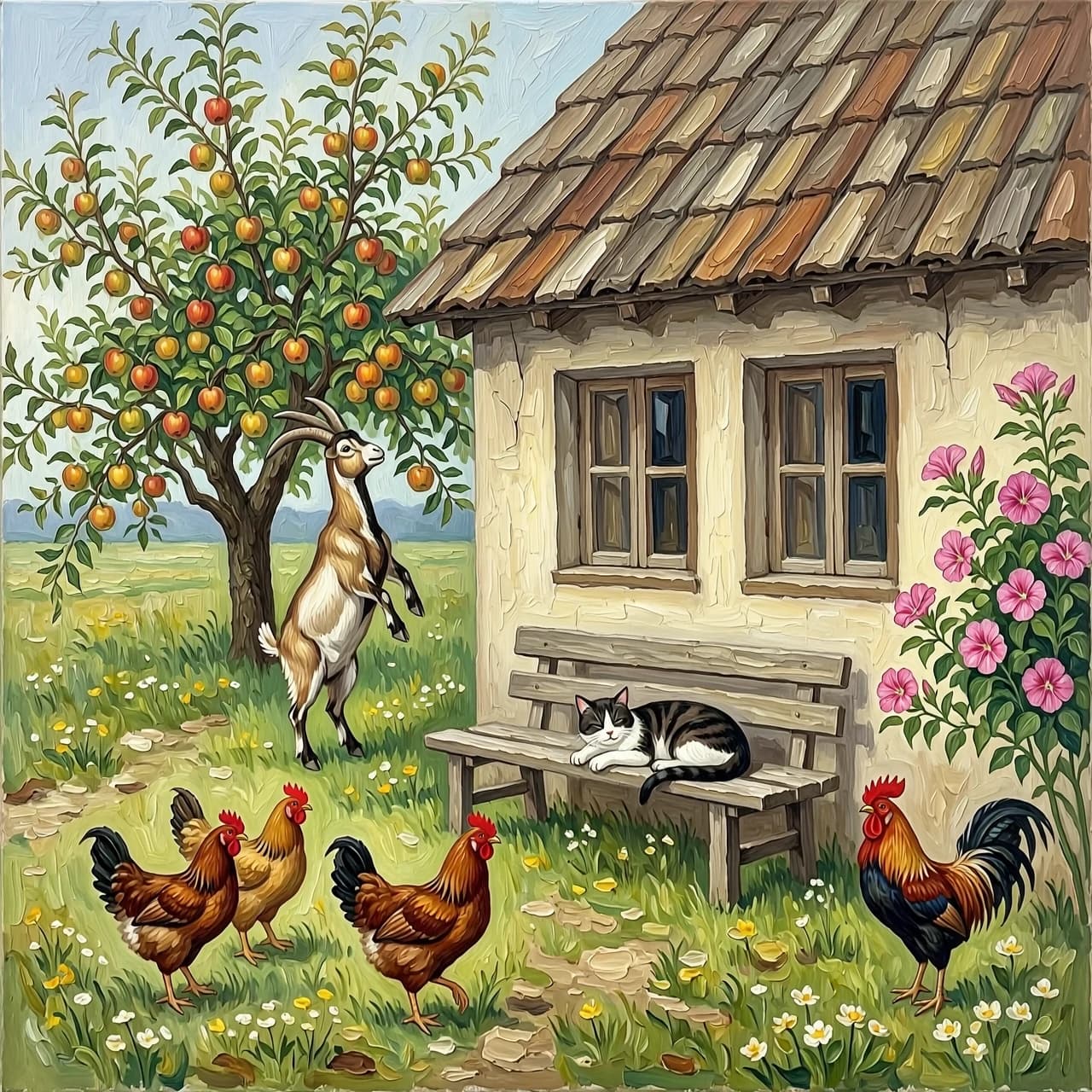 Рисунок маслом. Дом деревенский с двумя окнами. На заднем плане яблоня, коза стоит на задних лапах пытается достать верхнее яблоко. Перед окнами скамья без спинки, на ней спит кот. На углу дома цветет мальва. Гуляют  три курицы и петух