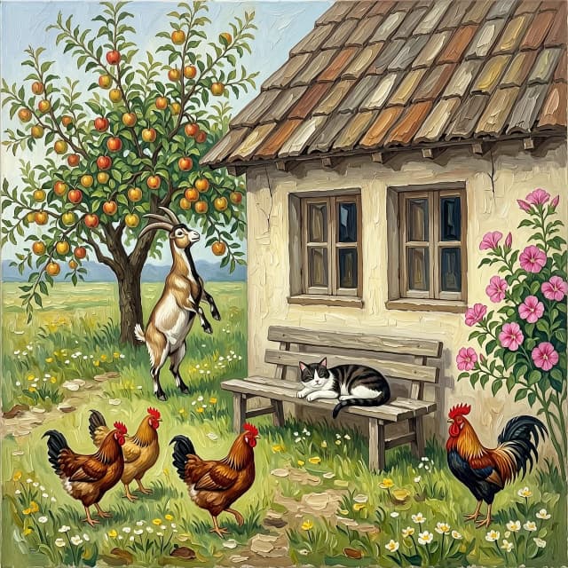 Рисунок маслом. Дом деревенский с двумя окнами. На заднем плане яблоня, коза стоит на задних лапах пытается достать верхнее яблоко. Перед окнами скамья без спинки, на ней спит кот. На углу дома цветет мальва. Гуляют  три курицы и петух