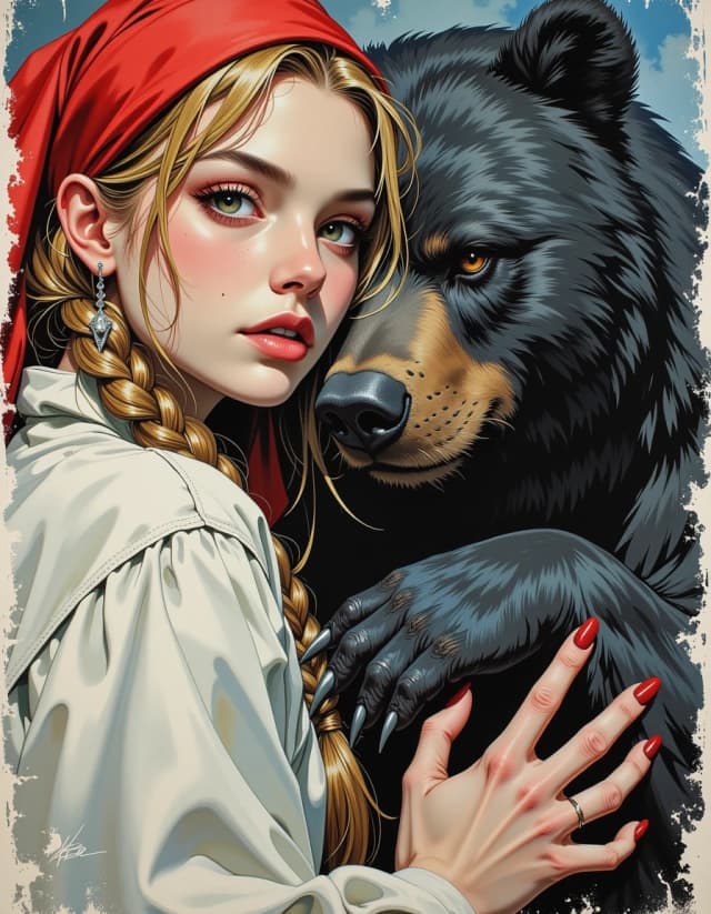 A masterpiece,  in the style of the 1980s, with bold lines, dynamic strokes and rich textures, on background with a touch of nostalgia, perhaps with subtle drawings inspired by cellulose and vintage, worn textures similar to paper,oil painting, watercolor, acrylic, random pose character from a Russian fairy tale. a white woman with a long blonde braid and a red scarf on her head. and a good bear. Realistic. Magical atmosphere, witch background, Russian style, Middle Ages, dark fantasy, oil watercolor, brush strokes, illustrations from the book.