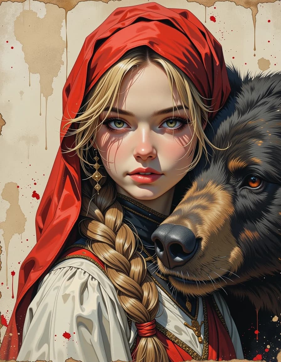 A masterpiece,  in the style of the 1980s, with bold lines, dynamic strokes and rich textures, on background with a touch of nostalgia, perhaps with subtle drawings inspired by cellulose and vintage, worn textures similar to paper,oil painting, watercolor, acrylic, random pose character from a Russian fairy tale. a white woman with a long blonde braid and a red scarf on her head. and a good bear. Realistic. Magical atmosphere, witch background, Russian style, Middle Ages, dark fantasy, oil watercolor, brush strokes, illustrations from the book.