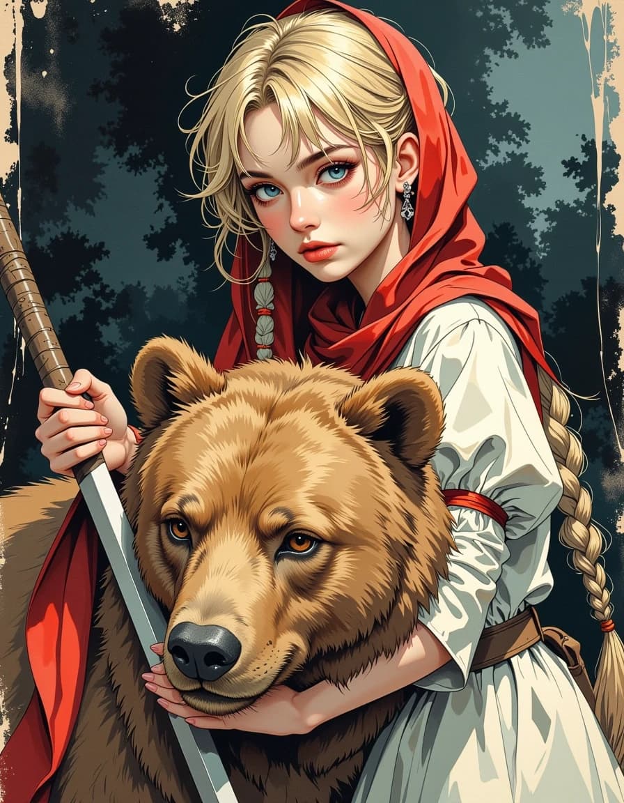 A masterpiece,  in the style of the 1980s, with bold lines, dynamic strokes and rich textures, on background with a touch of nostalgia, perhaps with subtle drawings inspired by cellulose and vintage, worn textures similar to paper,oil painting, watercolor, acrylic, random pose character from a Russian fairy tale. a white woman with a long blonde braid and a red scarf on her head. and a good bear. Realistic. Magical atmosphere, witch background, Russian style, Middle Ages, dark fantasy, oil watercolor, brush strokes, illustrations from the book.
