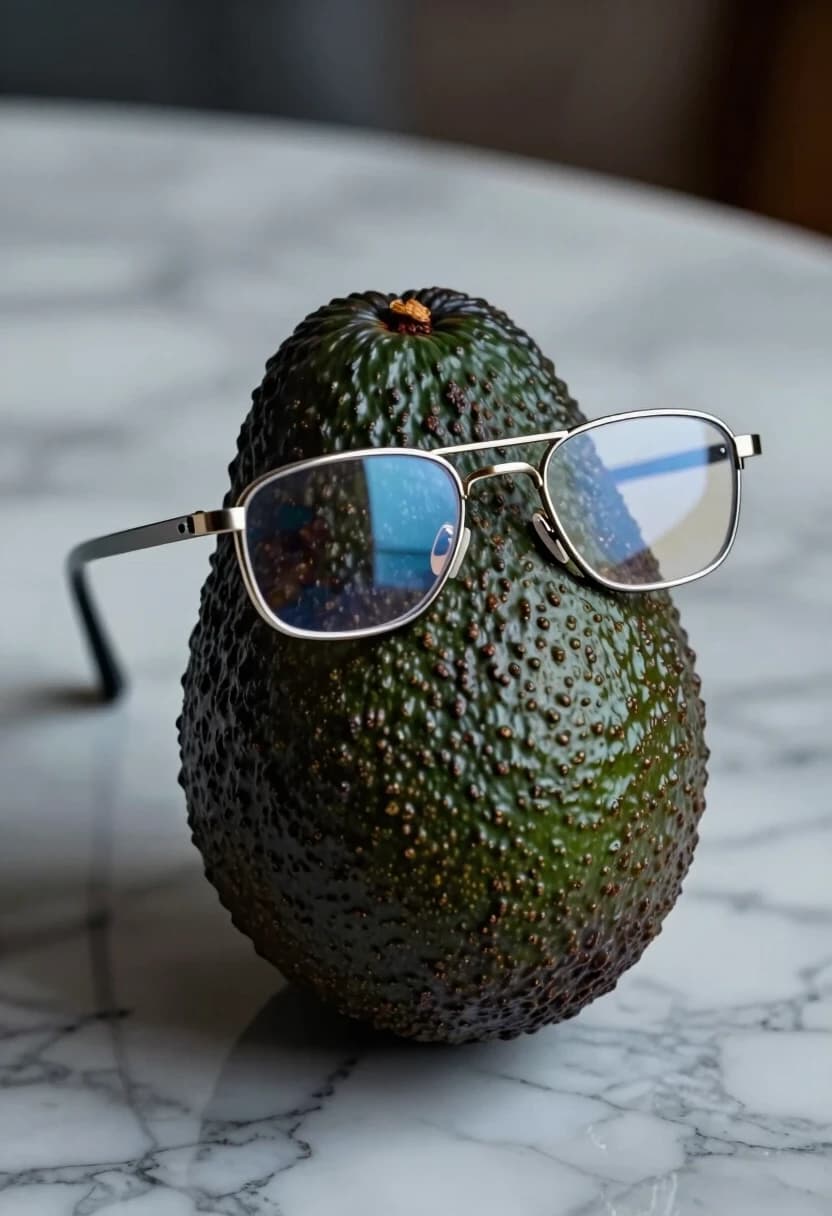 «Surreal digital art, hyper-detailed. A large, ripe avocado rests on a marble countertop, its skin rough and dark green, looking ordinary and edible. It “wears” a pair of sleek, futuristic smart glasses with thin metallic arms and reflective lenses, as if it’s ready to analyze the world. The contrast between the organic, natural texture of the avocado and the high-tech, polished look of the glasses creates a humorous and striking effect. Cool lighting, sharp focus on the avocado and glasses, subtle reflections on the marble. Mood: quirky, futuristic, amusing.»
