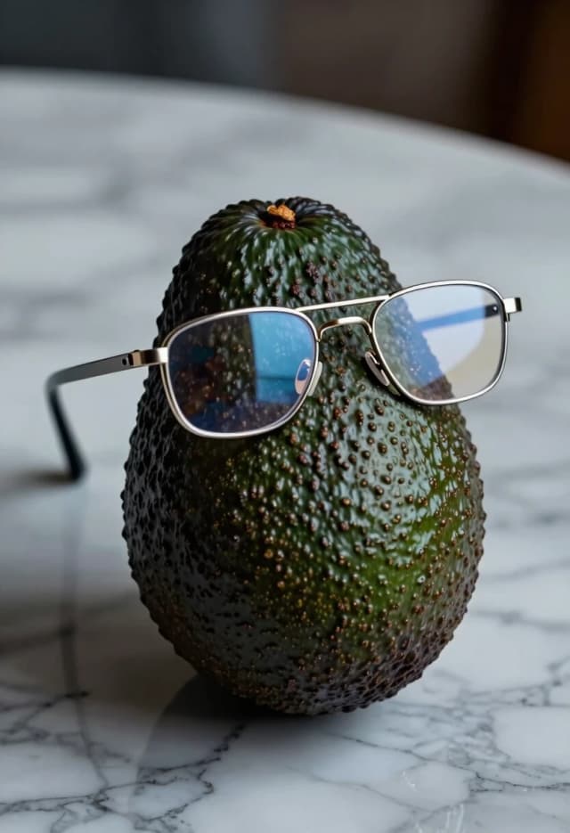 «Surreal digital art, hyper-detailed. A large, ripe avocado rests on a marble countertop, its skin rough and dark green, looking ordinary and edible. It “wears” a pair of sleek, futuristic smart glasses with thin metallic arms and reflective lenses, as if it’s ready to analyze the world. The contrast between the organic, natural texture of the avocado and the high-tech, polished look of the glasses creates a humorous and striking effect. Cool lighting, sharp focus on the avocado and glasses, subtle reflections on the marble. Mood: quirky, futuristic, amusing.»