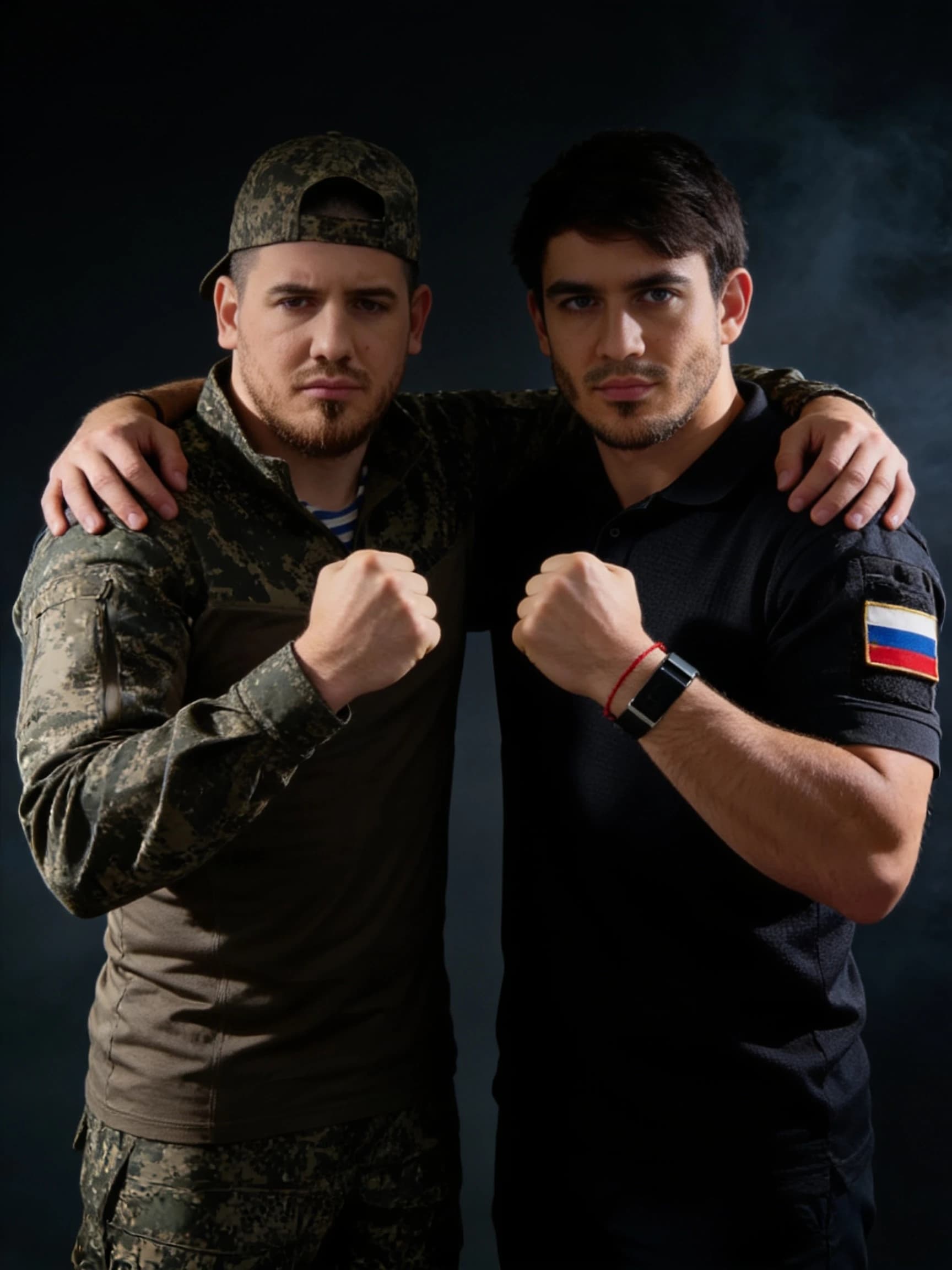 Two people standing side by side in a symmetrical composition, facing the camera with a direct and intense gaze. They are embracing each other by placing one arm over each other's shoulders in a gesture of solidarity. Simultaneously, each person holds a tightly clenched fist in front of their chest with their other hand. Cinematic portrait photography, dramatic chiaroscuro lighting with strong highlights and deep shadows to emphasize muscle tension and facial expressions. Hyper-realistic textures, detailed skin pores, and expressive eyes. The background is a dark, moody, atmospheric studio setting with subtle volumetric smoke. High contrast, epic and powerful mood, 8k resolution, shot on 85mm lens, sharp focus, masterpiece quality.