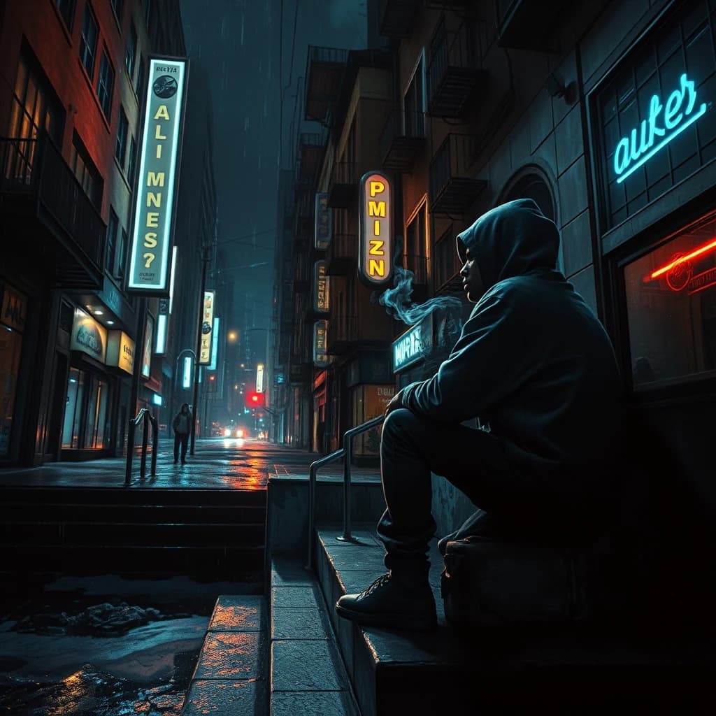 Dark melancholic urban night, empty streets after rain, cold neon lights flickering, lonely rapper in oversized hoodie sitting on concrete stairs, cigarette smoke dissolving into memories, cracked mirrors reflecting past mistakes, abandoned buildings, emotional heaviness, isolation, inner pain, hip-hop aesthetic, cinematic lighting, muted colors, high realism, deep shadows.