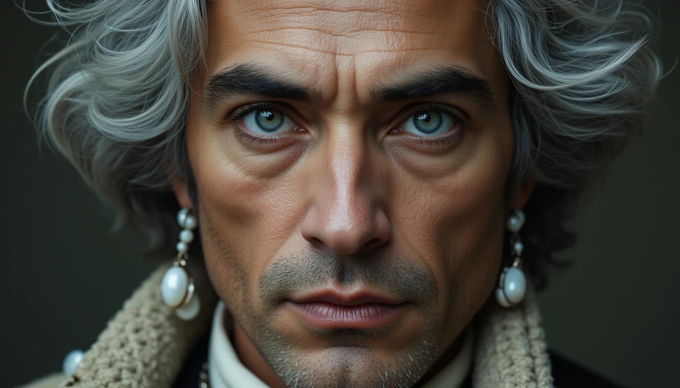 Emmanuel Kant, philosopher, large expressive eyes, lots of mother-of-pearl jewelry, gray hair, tousled in the wind, aesthetics of the male body, close-up, portrait, professional photography, photorealism, surrealism, high quality, high detail, the smallest details, bohemian, elegant, grunge, dark botanical, digital art, hyperrealism, linear design, crystals, 32k, mystical lighting, aesthetics, pixel art —v 6.1