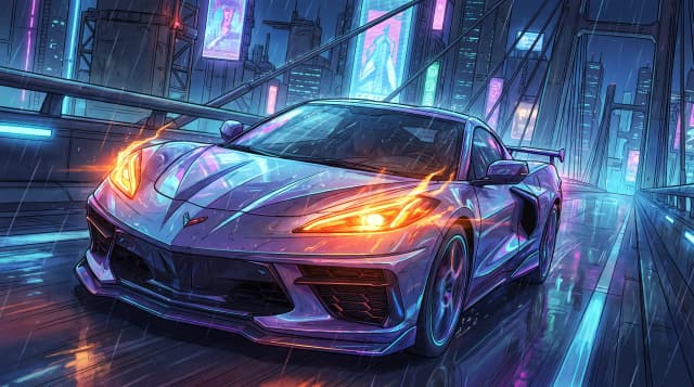 Chevrolet Corvette C8, едет по дороге, эпичный ракурс, горящие фары, шедевр, крупный план, стиль аниме с реалистичными деталями, киберпанк,