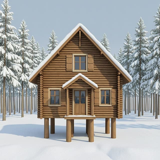Create an image of a hut on chicken legs, built in the style of Russian folk tales from round logs, a 3D illustration. “Draw the house strictly in full face, without any rotations, so that the facade is fully visible, without any side angle.” Do not allow any tilt or perspective.” “Draw the house frontally. Avoid three‑quarter or profile perspectives. “Focus on the facade: on the entire house, without any rotations. Emphasize the symmetry and the frontal plane.”
• Projection: there must be a pure frontal (orthogonal) projection. It completely lacks perspective projections: the vertical logs extend strictly upward, and the horizontal lines of the cornices and floor extend strictly to the left and right, without the slightest tilt toward the vanishing point. The building looks absolutely flat, like an architectural design drawing or an ideal theatrical backdrop.
• Symmetry: the left and right sides of the tower are mirror images of each other relative to the central axis. The central tower, the porch, and the roof ridge are aligned on the same straight line.
• Composition (wide format): the image is panoramic. The entire facade is visible from the edge of the left wing to the edge of the right. The low horizon line allows the building to be shown in its full two‑story height with towers, without cutting off the roof.
• Facade details: 
• Walls: massive courses of round logs.
• Shutters: three‑dimensional carving protrudes above the wall surface, creating a complex interplay of light and shadow even under frontal lighting.
• Background: a winter forest is located far behind the house. Due to the lack of perspective, it seems as if the trees are glued to the background; they do not obscure the corners of the building and do not distort the perception of its strict geometry. The snowdrifts lie on the flat white field.