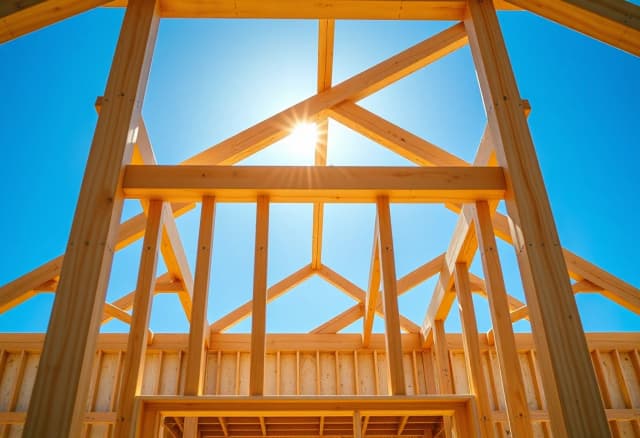 A crisp close-up shot of a modern frame house under construction. Clean, high-quality light wood timber beams forming perfect geometrical wall frames. Bright sunny day, clear blue sky visible through the roof structure. Golden sunbeams hitting the smooth wood planks, showing precise engineering and professional carpentry work. Photorealistic, 8k resolution, highly detailed.