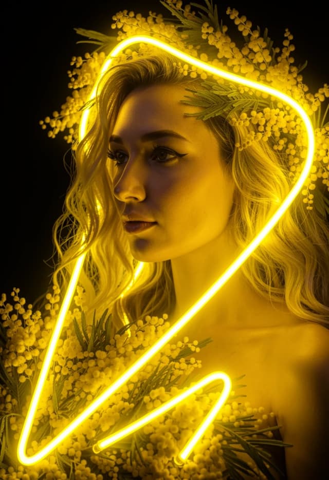 High-quality cinematic photo of a girl, with thick glowing yellow LED neon tubes overlayed on top of the mimosa flowers. Long continuous neon light lines, vibrant realistic commercial neon sign tubes, intense electric yellow luminescence, 3D neon glow effects, dark contrast background, perfect face preservation
