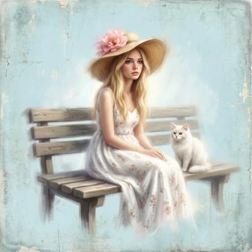 The image is a digital art piece that features a young woman with long blonde hair and a large straw hat with a large flower on top. She is wearing a white dress with a floral pattern and is sitting on a wooden bench. Next to her, there is a white cat with green eyes sitting on the bench. The background is a light blue color with a grungy texture. The overall mood of the image is dreamy and ethereal.