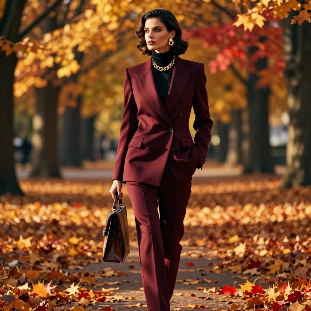 A full-body autumn portrait of a female model with European features (sharp jawline, fair skin, dark hair styled in soft waves), walking along a park path covered with fallen golden and red leaves. She wears a rich burgundy double-breasted blazer with sculpted shoulders, matching tailored trousers, and a black silk turtleneck. A bold gold chain necklace and matching gold earrings add a touch of opulence. She walks with a confident stride, one hand in her pocket, the other holding a leather satchel. She looks slightly to the side with a thoughtful, powerful expression, as if deep in contemplation. The warm golden hour light (late afternoon sun, low angle) filters through the trees, casting long shadows and illuminating her face with a soft, warm glow. The background is a beautiful blur of orange, yellow, and red leaves. Photorealistic, autumn luxury fashion, 8K, 2:3 vertical, editorial quality. No text, no watermark.