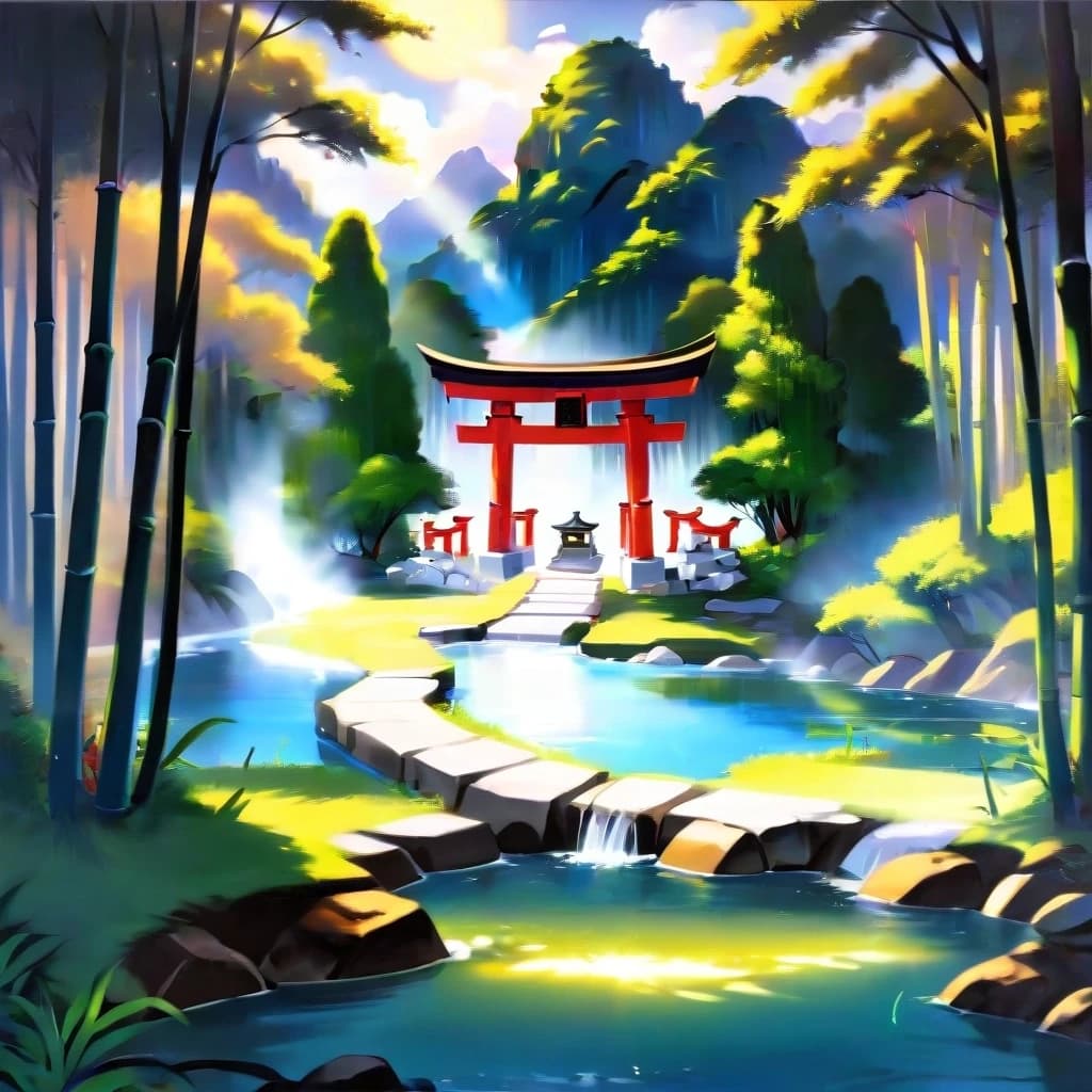 a Japanese shrine dedicated to kitsune, bamboo groves and small lakes along the sides, sunny weather, outline.