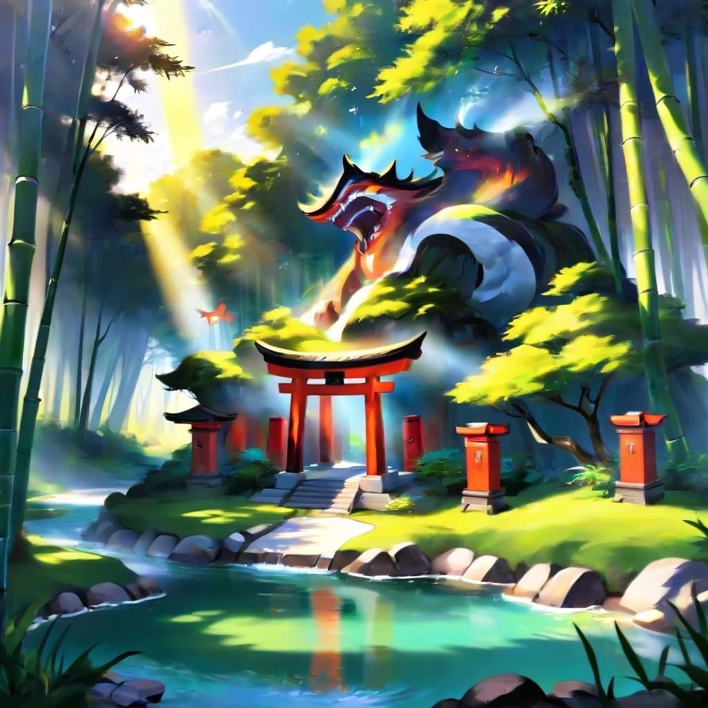 a Japanese shrine dedicated to kitsune, bamboo groves and small lakes along the sides, sunny weather, outline.