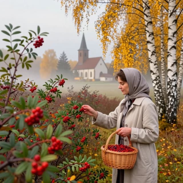 Осенний лес, женщина в платке и лёгком пальто с корзиной в руках собирает бруснику, на кустах — красные ягоды и зелёные листья, вокруг — берёзы с жёлтыми листьями, мягкий утренний свет, лёгкий туман, на заднем плане — деревенская церковь, атмосфера тишины, сбора урожая и осеннего уюта, стиль реалистичной живописи, красные, зелёные и золотистые тона, детализация ягод и листьев