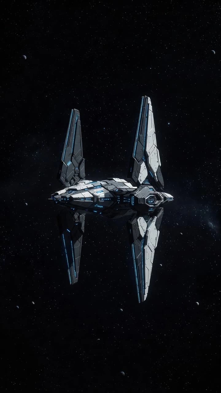 Wide isometric sci-fi shot of a compact, heavily armored modular spaceship floating in deep cosmic space. The ship features a central command hull flanked by two massive, vertical stabilizing wings with sharp geometric angles, highly segmented panels, and integrated energy glow strips running along the outer edges of the wing segments. The design is a hybrid of sleek industrial and tactical sci-fi, characteristic of the Dark Orbit game aesthetic. Dark grey and white metallic armor plates, matte finish, with subtle glowing cyan or blue energy accents on the segmented side panels. The ship is small in the frame, emphasizing the vastness of space. Background: deep black starfield, scattered tiny distant spherical planets, no large planetary surfaces in front. Cinematic wide composition, photorealistic, subtle cosmic lighting, 8k.
