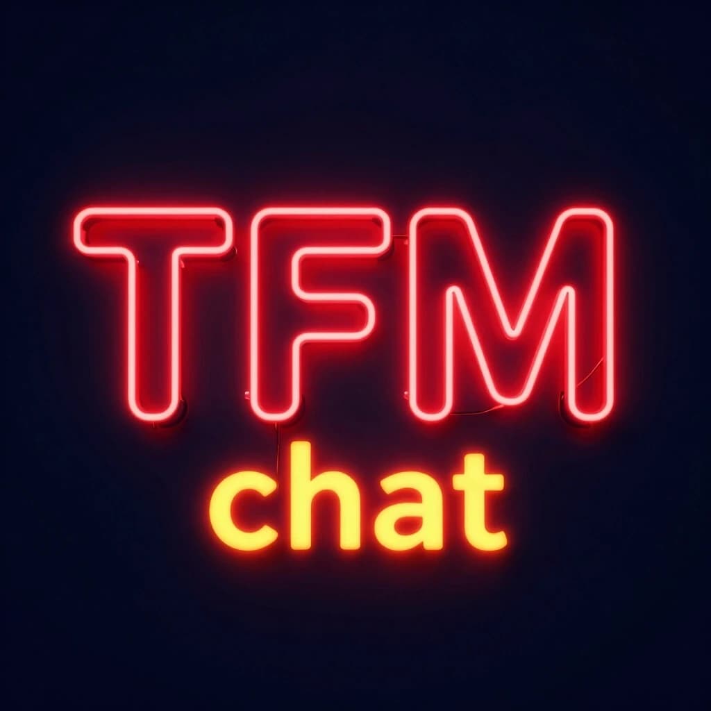 Крупные три заглавные буквы TFM и слово "chat" желтыми небольшими, выполненные в стиле яркой красной неоновой вывески. Буквы плотно сгруппированы по центру, имеют легкое белое свечение по контуру и ярко-красную подсветку на темно-синем (почти черном) матовом фоне. Стиль — киберпанк и хай-тек, минимализм. Текстура стекла или легкий туман вокруг букв для эффекта глубины. Композиция строго по центру. Квадратный формат 1:1. Без лиц, без лишних деталей по краям, только буквы