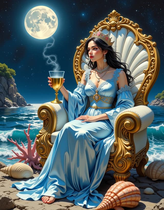 A masterpiece,  in the style of the 1980s, with bold lines, dynamic strokes and rich textures, on background with a touch of nostalgia, perhaps with subtle drawings inspired by cellulose and vintage, worn textures similar to paper, oil painting, exquisite high fashion photography of the Queen of Water, a beautiful middle-aged woman with delicate features, soft, porcelain skin, and long, flowing dark honey-colored hair, sitting upon a throne carved from a huge iridescent mother-of-pearl shell, wearing a light and dark blue silk royal gown with silver threads and pearls, a delicate pink pearl crown, and holding a golden goblet filled with water, as she gazes out over the serene moonlit sea and cosmic night sky, surrounded by gentle waves, sea creatures, shells, corals, and luminous pearls, with a peaceful seascape and twinkling stars in the background, illuminated by soft, silvery moonlight. celshading, simple background