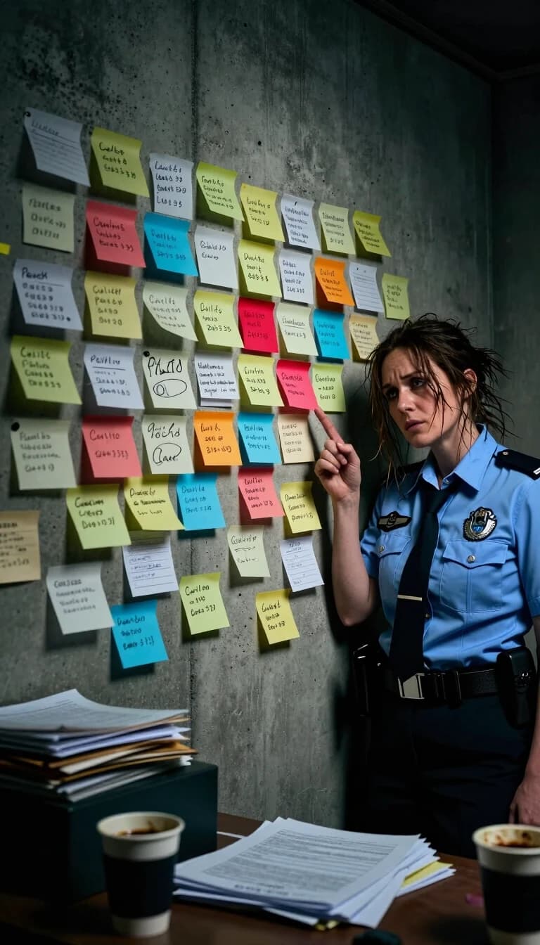 Prompt:*A hyper-realistic wide shot, 8k. An oppressive, cluttered detective's workspace. The focal point is a concrete wall overflowing with a chaotic layer of overlapping sticky notes, some curling at the edges, others barely hanging on. The notes are a mess of scribbled phone numbers, circled dates, and urgent reminders. A woman detective, with messy hair and tired eyes, is leaning against the wall, her finger pointing to a specific, bright-red sticky note that stands out from the rest. Around her, the room is filled with open case files and half-empty coffee cups. Lighting: dim, moody atmosphere with a strong, cold spotlight hitting the wall, creating sharp highlights and velvety black shadows in the corners