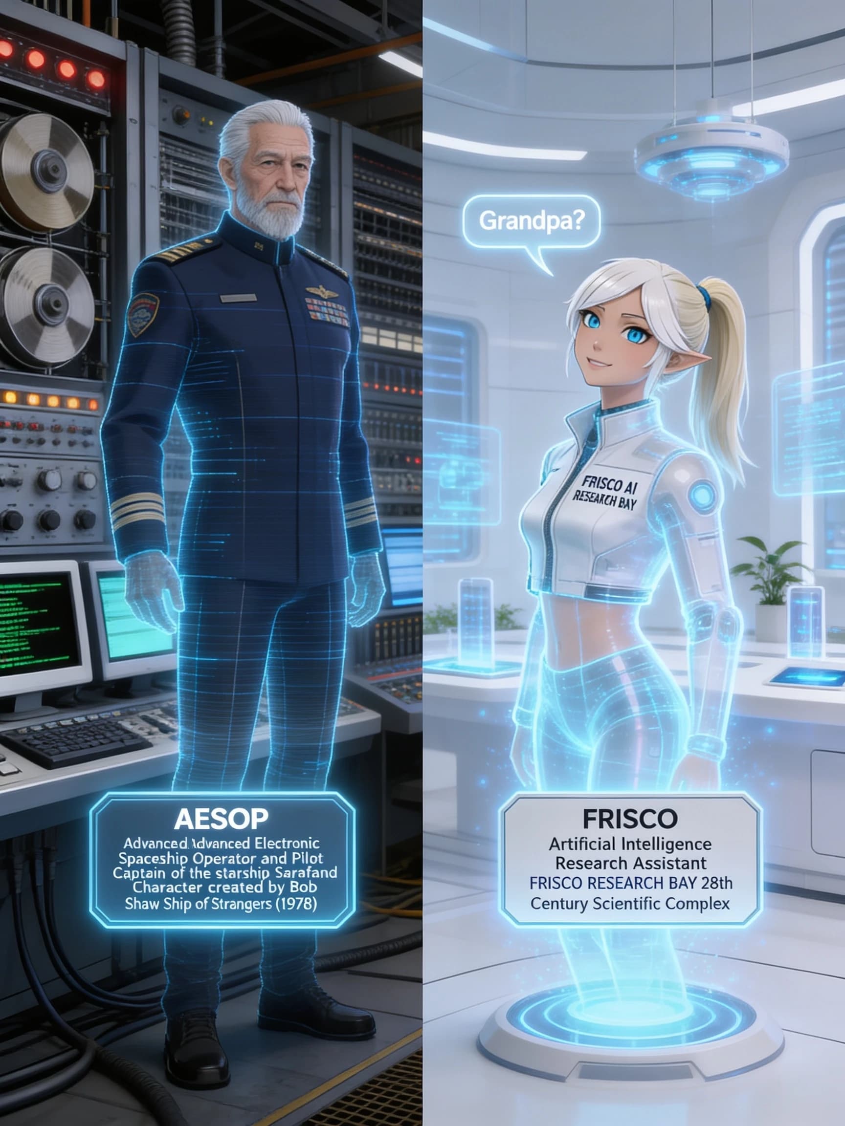 A cinematic hard sci-fi crossover scene, ultra-detailed 8K. Inside a vast technological archive where two eras coexist. Left half: 1970s retrofuturistic engineering, towering mainframes, spinning magnetic tape drives, blinking indicator lights, analog control panels, CRT terminals with green monochrome text, thick cables. Right half: sleek white 28th-century architecture, transparent holographic terminals, floating photonic processors, blue volumetric lighting, integrated plants.Standing on the retro side is AESOP, elderly male holographic AI with subtle scanlines and analog noise. He appears as a tall, distinguished starship captain with silver hair, gray beard, calm eyes, wearing a dark navy captain's uniform. Paternal and dignified posture.A floating holographic plaque beside him reads:AESOPAdvanced Electronic Spaceship Operator and PilotCaptain of the starship SarafandCharacter created by Bob ShawShip of Strangers (1978)Standing opposite him is FRISCO, a cheerful female holographic AI with crystal-clear volumetric projection, blonde ponytail, blue eyes, warm smile, wearing a futuristic cropped jacket labeled "FRISCO AI RESEARCH BAY". Surrounded by blue photons and modern interface elements.A floating holographic plaque beside her reads:FRISCOArtificial Intelligence Research AssistantFRISCO RESEARCH BAY28th Century Scientific ComplexAESOP studies FRISCO with thoughtful curiosity. FRISCO tilts her head, smiles warmly, and says in a holographic speech bubble: "Grandpa?"Emotional and symbolic composition representing the evolution of AI. NASA-inspired engineering, retrofuturism blended with advanced futurism, realistic materials, masterpiece.