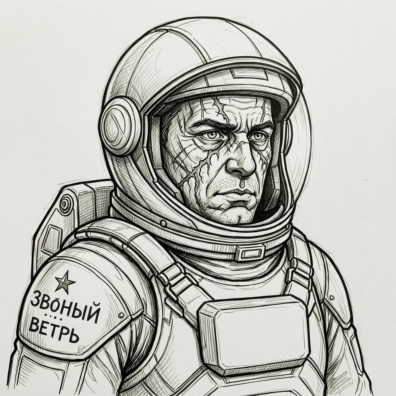 черно-белый рисунок карандашом для черно-белой печати
по тексту:  Джерри Шеллак — сержант разведгруппы. В тридцать пять лет он выглядел на пятьдесят. Лицо иссечено шрамами от ожогов, на левом плече слежавшаяся татуировка — «Звёздный ветер». Его глаза особенные: не просто смотрят, а всматриваются, анализируя паттерны, ища слабые точки не в броне, а в психике противника. В бою он ведёт себя бесстрашно, но в моменты тишины он пишет записи в электронном дневнике — записывает свои мысли о человечности врага, о цене войны, о том, кем мы становимся на этой планете. Убрать с рисунка все буквы и добавить скафандр с открытым забралом
