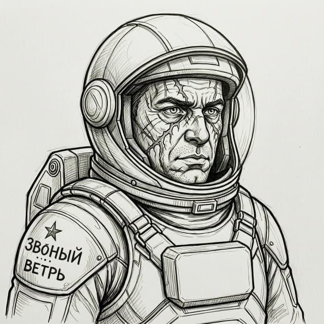 черно-белый рисунок карандашом для черно-белой печати
по тексту:  Джерри Шеллак — сержант разведгруппы. В тридцать пять лет он выглядел на пятьдесят. Лицо иссечено шрамами от ожогов, на левом плече слежавшаяся татуировка — «Звёздный ветер». Его глаза особенные: не просто смотрят, а всматриваются, анализируя паттерны, ища слабые точки не в броне, а в психике противника. В бою он ведёт себя бесстрашно, но в моменты тишины он пишет записи в электронном дневнике — записывает свои мысли о человечности врага, о цене войны, о том, кем мы становимся на этой планете. Убрать с рисунка все буквы и добавить скафандр с открытым забралом